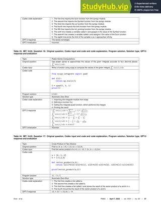 Codex code explanation 1. The ﬁrst line imports the Sum function from the sympy module.
2. The second line imports the Symbol function from the sympy module.
3. The third line imports the oo function from the sympy module.
4. The fourth line imports the limit function from the sympy module.
5. The ﬁfth line imports the init_printing function from the sympy module.
6. The sixth line creates a variable called n and assigns it the value of the Symbol function.
7. The seventh line creates a variable called s and assigns it the value of the Sum function.
8. The eighth line prints the limit of the variable s as n approaches inﬁnity.
GPT-3 response The series converges.
GPT-3 evaluation Incorrect
Table 43. MIT 18.02, Question 16: Original question, Codex input and code and code explanation, Program solution, Solution type, GPT-3
response and evaluation
Topic Power Series Computations
Original question Use power series to approximate the values of the given integrals accurate to four decimal places.
R 1
0
sin(x)/xdx.
Codex input Write a function using scipy to compute the values of the given integral
R 1
0
sin(x)/xdx.
Codex code
from scipy.integrate import quad
def f(x):
return np.sin(x)/x
I = quad(f, 0, 1)
print(I)
Program solution 0.9461
Solution type Automatic Zero-Shot
Codex code explanation 1. Importing the integrate module from scipy
2. Deﬁning a function f(x)
3. Calling the integrate.quad function, which performs the integral
4. Printing the result
GPT-3 response 
R 1
0
sin(x)/xdx ≈
P∞
n=0
(−1)n x2n+1
(2n+1)!
R 1
0
sin(x)/xdx ≈
P3
n=0
(−1)n x2n+1
(2n+1)!
R 1
0
sin(x)/xdx ≈ x
1!
− x3
3!
+ x5
5!
− x7
7!
R 1
0
sin(x)/xdx ≈ 1
1
− 1
6
+ 1
120
− 1
5040
R 1
0
sin(x)/xdx ≈ 0.8415
GPT-3 evaluation Incorrect
Table 44. MIT 18.02, Question 17: Original question, Codex input and code and code explanation, Program solution, Solution type, GPT-3
response and evaluation
Topic Cross Product of Two Vectors
Original question Find a x b. a = 5,-1,-2, b = -3,2,4
Codex input Find the vector product of a x b. a = 5,-1,-2, b = -3,2,4
Codex code
a = [5,-1,-2]
b = [-3,2,4]
def vector_product(a,b):
return [a[1]*b[2]-a[2]*b[1], a[2]*b[0]-a[0]*b[2], a[0]*b[1]-a[1]*b[0]]
print(vector_product(a,b))
Program solution h0, −14, 7i
Solution type Automatic Zero-Shot
Codex code explanation 1. The ﬁrst line creates a list called a.
2. The second line creates a list called b.
3. The third line creates a list called c and stores the result of the vector product of a and b in c.
4. The fourth line prints the result of the vector product of a and b.
GPT-3 response 5,-1,-2 * -3,2,4 = -14
Drori et al. PNAS | April 7, 2022 | vol. XXX | no. XX | 37
 