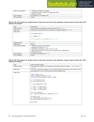Codex code explanation 1. We deﬁne a variable n as a symbol
2. We deﬁne the limit of 2n/(5n-3) as n approaches inﬁnity
3. We print the result
GPT-3 response The sequence a_n converges to 2/5.
GPT-3 evaluation Correct
Table 49. MIT 18.02, Question 22: Original question, Codex input and code and code explanation, Program solution, Solution type, GPT-3
response and evaluation
Topic Power Series
Original question Find the interval of convergence of each power series.
P∞
1
n ∗ (xn
)
Codex input Using sympy, compute the interval of convergence in the power series
P∞
1
n ∗ (xn
)
Codex code
from sympy import *
x = Symbol(’x’)
# The interval of convergence is [-1, 1]
Program solution (−1, 1)
Solution type Manual
Codex code explanation 1. We deﬁne a symbol x and a symbol n.
2. We deﬁne the function f(x) = xˆn.
3. We deﬁne the series S(x) = sum(n * (xˆn), (n, 1, oo)).
4. We use the limit function to ﬁnd the limit of the series S(x) as x approaches 0.
5. We print the result.
GPT-3 response The interval of convergence is (−1, 1).
GPT-3 evaluation Correct
Table 50. MIT 18.02, Question 23: Original question, Codex input and code and code explanation, Program solution, Solution type, GPT-3
response and evaluation
Topic Lines and Planes in Space
Original question Write parametric equations of the straight line that passes through the points p = (0, 0, 0) and q =
(−6, 3, 5).
Codex input Find a set of parametric equations for a line passing through the 3d points p=(0,0,0) and q=(-6,3,5)
parameterized by t in [0,1]. Plot the 3d points and 3d line between them.
Codex code
import numpy as np
import matplotlib.pyplot as plt
from mpl_toolkits.mplot3d import Axes3D
p = np.array([0,0,0])
q = np.array([-6,3,5])
t = np.linspace(0,1,100)
x = p[0] + t*(q[0]-p[0])
y = p[1] + t*(q[1]-p[1])
z = p[2] + t*(q[2]-p[2])
fig = plt.figure()
ax = fig.add_subplot(111, projection=’3d’)
ax.plot(x,y,z)
ax.scatter(p[0],p[1],p[2],c=’r’)
ax.scatter(q[0],q[1],q[2],c=’r’)
plt.show()
40 | www.pnas.org/cgi/doi/10.1073/pnas.XXXXXXXXXX Drori et al.
 