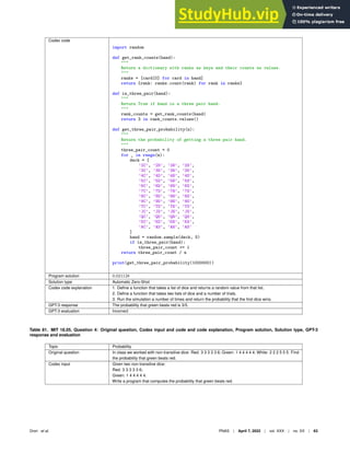 Codex code
import random
def get_rank_counts(hand):

Return a dictionary with ranks as keys and their counts as values.

ranks = [card[0] for card in hand]
return {rank: ranks.count(rank) for rank in ranks}
def is_three_pair(hand):

Return True if hand is a three pair hand.

rank_counts = get_rank_counts(hand)
return 3 in rank_counts.values()
def get_three_pair_probability(n):

Return the probability of getting a three pair hand.

three_pair_count = 0
for _ in range(n):
deck = [
’2C’, ’2D’, ’2H’, ’2S’,
’3C’, ’3D’, ’3H’, ’3S’,
’4C’, ’4D’, ’4H’, ’4S’,
’5C’, ’5D’, ’5H’, ’5S’,
’6C’, ’6D’, ’6H’, ’6S’,
’7C’, ’7D’, ’7H’, ’7S’,
’8C’, ’8D’, ’8H’, ’8S’,
’9C’, ’9D’, ’9H’, ’9S’,
’TC’, ’TD’, ’TH’, ’TS’,
’JC’, ’JD’, ’JH’, ’JS’,
’QC’, ’QD’, ’QH’, ’QS’,
’KC’, ’KD’, ’KH’, ’KS’,
’AC’, ’AD’, ’AH’, ’AS’
]
hand = random.sample(deck, 5)
if is_three_pair(hand):
three_pair_count += 1
return three_pair_count / n
print(get_three_pair_probability(1000000))
Program solution 0.021128
Solution type Automatic Zero-Shot
Codex code explanation 1. Deﬁne a function that takes a list of dice and returns a random value from that list.
2. Deﬁne a function that takes two lists of dice and a number of trials.
3. Run the simulation a number of times and return the probability that the ﬁrst dice wins.
GPT-3 response The probability that green beats red is 3/5.
GPT-3 evaluation Incorrect
Table 81. MIT 18.05, Question 4: Original question, Codex input and code and code explanation, Program solution, Solution type, GPT-3
response and evaluation
Topic Probability
Original question In class we worked with non-transitive dice: Red: 3 3 3 3 3 6; Green: 1 4 4 4 4 4; White: 2 2 2 5 5 5. Find
the probability that green beats red.
Codex input Given two non-transitive dice:
Red: 3 3 3 3 3 6;
Green: 1 4 4 4 4 4.
Write a program that computes the probability that green beats red.
Drori et al. PNAS | April 7, 2022 | vol. XXX | no. XX | 63
 