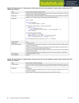 Table 85. MIT 18.05, Question 8: Original question, Codex input and code and code explanation, Program solution, Solution type, GPT-3
response and evaluation
Topic Discrete Random Variables, Standard Deviation
Original question Let X be the result of rolling a fair 4-sided die. Let Y be the result of rolling a fair 6-sided die. Let Z be the
average of X and Y. Find the standard deviation of Z.
Codex input Let X be the result of rolling a fair 4-sided die. Let Y be the result of rolling a fair 6-sided die. Let Z be the
average of X and Y. Write a program that computes the standard deviation of Z.
Codex code
import random
def roll_die(sides):
return random.randint(1, sides)
def simulate_rolls(sides1, sides2, num_trials):
results = []
for _ in range(num_trials):
results.append((roll_die(sides1) + roll_die(sides2)) / 2)
return results
def standard_deviation(nums):
mean = sum(nums) / len(nums)
squared_diffs = [(num - mean) ** 2 for num in nums]
return (sum(squared_diffs) / len(nums)) ** 0.5
print(standard_deviation(simulate_rolls(4, 6, 100000)))
Program solution 1.021
Solution type Automatic Zero-Shot
Codex code explanation 1. We deﬁne a function called roll_die that takes in a number of sides and returns a random number
between 1 and that number.
2. We deﬁne a function called simulate_rolls that takes in two numbers of sides and a number of trials. It
returns a list of the average of the two dice rolls for each trial.
3. We deﬁne a function called standard_deviation that takes in a list of numbers and returns the standard
deviation of those numbers.
4. We print the standard deviation of the average of two dice rolls, each with 4 sides, for 100,000 trials.
GPT-3 response The standard deviation of Z is 2.5.
GPT-3 evaluation Incorrect
Table 86. MIT 18.05, Question 9: Original question, Codex input and code and code explanation, Program solution, Solution type, GPT-3
response and evaluation
Topic Discrete Random Variables, Expectation
Original question Let X be the result of rolling a fair 4-sided die. Let Y be the result of rolling a fair 6-sided die. You win 2X
dollars if XY and lose 1 dollar otherwise. After playing this game 60 times, what is your expected total
gain?
Codex input In Probability,
X is the result of rolling a fair 4-sided die and Y is the result of rolling a fair 6-sided die. You win 2X if X 
Y and lose 1 otherwise.
Write a program that computes the expected total gain after rolling both dice 60 times.
66 | www.pnas.org/cgi/doi/10.1073/pnas.XXXXXXXXXX Drori et al.
 