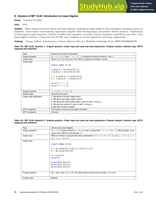 E. Solution of MIT 18.06: Introduction to Linear Algebra
Prereq Calculus II (GIR)
Units 4-0-8
Syllabus Basic subject on matrix theory and linear algebra, emphasizing topics useful in other disciplines, including systems of
equations, vector spaces, determinants, eigenvalues, singular value decomposition, and positive definite matrices. Applications
to least-squares approximations, stability of differential equations, networks, Fourier transforms, and Markov processes. Uses
linear algebra software. Compared with 18.700, more emphasis on matrix algorithms and many applications.
Textbook Strang, Gilbert, Introduction to Linear Algebra (5th ed.), Wellesley-Cambridge Press, ISBN 9780980232776.
Table 103. MIT 18.06, Question 1: Original question, Codex input and code and code explanation, Program solution, Solution type, GPT-3
response and evaluation
Topic Vectors and Linear Combinations
Original question If v + w = (5, 1) and v − w = (1, 5), compute and draw the vectors v and w.
Codex input Given v+w = (5,1) and v-w=(1,5). Write a program to compute v and w.
Codex code
import numpy as np
v_plus_w = np.array([5,1])
v_minus_w = np.array([1,5])
v = (v_plus_w + v_minus_w)/2
w = (v_plus_w - v_minus_w)/2
print(v = , v)
print(w = , w)
Program solution v = (3, 3), w = (−2, −2)
Solution type Automatic Zero-shot
Codex code explanation 1. We deﬁne a function called main()
2. We deﬁne two tuples called v and w
3. We deﬁne two more tuples called v_plus_w and v_minus_w
4. We print the values of v_plus_w and v_minus_w
5. We call the main() function
GPT-3 response The vectors v and w can be drawn as follows:
GPT-3 evaluation Incorrect
Table 104. MIT 18.06, Question 2: Original question, Codex input and code and code explanation, Program solution, Solution type, GPT-3
response and evaluation
Topic Vectors and Linear Algebra
Original question If v = (1, 2) draw all vectors w = (x, y) in the xy plane with v · w = x + 2y = 5. Why do those w’s lie
along a line? Which is the shortest w?
Codex input Write a function to calculate the linear combination 3 ∗ s1 + 4 ∗ s2 + 5 ∗ s3. Let s1 = [1; 1; 1], s2 =
[0; 1; 1], s3 = [0; 0; 1]
Codex code
import numpy as np
S = np.array([[1,0,0],[1,1,0],[1,1,1]])
x = np.array([3,4,5])
b = S.dot(x)
print(b)
print(S[0].dot(x))
print(S[1].dot(x))
print(S[2].dot(x))
Program solution 3s1 + 4s2 + 5s3 = (3, 7, 12). The same vector b comes from S times x = (3, 4, 5)
Solution type Manual
78 | www.pnas.org/cgi/doi/10.1073/pnas.XXXXXXXXXX Drori et al.
 