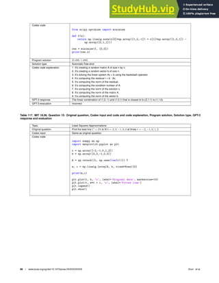 Codex code
from scipy.optimize import minimize
def f(x):
return np.linalg.norm(x[0]*np.array([1,2,-1]) + x[1]*np.array([1,0,1]) -
np.array([2,1,1]))
res = minimize(f, [0,0])
print(res.x)
Program solution [0.499, 1.499]
Solution type Automatic Few-shot
Codex code explanation 1. It’s creating a random matrix A of size n by n.
2. It’s creating a random vector b of size n.
3. It’s solving the linear system Ax = b using the backslash operator.
4. It’s computing the residual r = b - Ax.
5. It’s computing the norm of the residual.
6. It’s computing the condition number of A.
7. It’s computing the norm of the solution x.
8. It’s computing the norm of the matrix A.
9. It’s computing the norm of the vector b.
GPT-3 response The linear combination of (1,2,-1) and (1,0,1) that is closest to b=(2,1,1) is (1,1,0).
GPT-3 evaluation Incorrect
Table 117. MIT 18.06, Question 15: Original question, Codex input and code and code explanation, Program solution, Solution type, GPT-3
response and evaluation
Topic Least Squares Approximations
Original question Find the best line C + Dt to ﬁt b = 4, 3, −1, 0, 0 at times t = −2, −1, 0, 1, 2.
Codex input Same as original question.
Codex code
import numpy as np
import matplotlib.pyplot as plt
t = np.array([-2,-1,0,1,2])
b = np.array([4,3,-1,0,0])
A = np.vstack([t, np.ones(len(t))]).T
m, c = np.linalg.lstsq(A, b, rcond=None)[0]
print(m,c)
plt.plot(t, b, ’o’, label=’Original data’, markersize=10)
plt.plot(t, m*t + c, ’r’, label=’Fitted line’)
plt.legend()
plt.show()
86 | www.pnas.org/cgi/doi/10.1073/pnas.XXXXXXXXXX Drori et al.
 