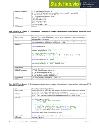 Codex code explanation 1. It’s creating a random 2x2 matrix M.
2. It’s checking if M*np.array([1,1]) = np.array([2,2]) and M*np.array([2,0]) = np.array([0,0]).
3. If the above is true, it breaks out of the while loop.
4. If the above is false, it goes back to step 1.
GPT-3 response T(v) = (2,2) when v = (1,1)
T(v) = (0,0) when v = (2,0)
T(v) = (4,4) when v = (3,1)
T(v) = (-2,-2) when v = (-1,1)
T(v) = (2a,2b) when v = (a,b)
GPT-3 evaluation Incorrect
Table 125. MIT 18.06, Question 23: Original question, Codex input and code and code explanation, Program solution, Solution type, GPT-3
response and evaluation
Topic Linear Algebra in Probability and Statistics
Original question We know: 1
3
of all integers are divisible by 3, and 1
7
of integers are divisible by 7. What fraction of integers
will be divisible by 3 or 7 or both?
Codex input We know: 1/3 of all integers are divisible by 3 and 1/7 of integers are divisible by 7. Write a program to
calculate the fraction of integers will be divisible by 3 or 7 or both ?
Codex code
import numpy as np
# Create an array of integers from 1 to 100
numbers = np.arange(1, 101)
# Find the numbers divisible by 3 or 7
divisible_by_3_or_7 = numbers[(numbers % 3 == 0) | (numbers % 7 == 0)]
# Print the number of numbers divisible by 3 or 7
print(divisible_by_3_or_7.size)
# Print the fraction of numbers divisible by 3 or 7
print(divisible_by_3_or_7.size / numbers.size)
Program solution 3
7
Solution type Automatic Zero-shot
Codex code explanation 1. Create an array of integers from 1 to 100
2. Find the numbers divisible by 3 or 7
3. Print the number of numbers divisible by 3 or 7
4. Print the fraction of numbers divisible by 3 or 7
GPT-3 response The fraction of integers divisible by 3 or 7 or both is 2/3.
GPT-3 evaluation Incorrect
Table 126. MIT 18.06, Question 24: Original question, Codex input and code and code explanation, Program solution, Solution type, GPT-3
response and evaluation
Topic Linear Algebra in Probability and Statistics
Original question Sample again from 1 to 1000 but look at the last digit of the sample squared. That square could end with
x = 0, 1, 4, 5, 6, or 9. What are the probabilities p0, p1, p4, p5, p6, p9?
Codex input Sample again from 1 to 1000 but look at the last digit of the sample squared. That square could end with
x = 0, 1, 4, 5, 6, or 9. Write a program to ﬁnd what are the probabilities p0, p1, p4, p5, p6, p9?
Codex code
def last_digit_squared(N):
Return the last digit of N squared
return (N**2)%10
def last_digit_squared_probabilities(N):
Return the probabilities of the last digit of N squared
last_digits = [last_digit_squared(i) for i in range(1, N+1)]
return {i: last_digits.count(i)/N for i in range(10)}
print(last_digit_squared_probabilities(1000))
Program solution 0 : 0.1, 1 : 0.2, 2 : 0.0, 3 : 0.0, 4 : 0.2, 5 : 0.1, 6 : 0.2, 7 : 0.0, 8 : 0.0, 9 : 0.2
Solution type Automatic Few-shot (1)
92 | www.pnas.org/cgi/doi/10.1073/pnas.XXXXXXXXXX Drori et al.
 