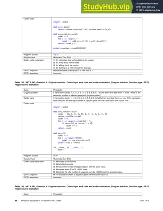 Codex code
import random
def roll_dice():
return random.randint(1,6), random.randint(1,6)
def expected_value(n):
total = 0
for i in range(n):
total += roll_dice()[0] * roll_dice()[1]
return total / n
print(expected_value(1000000))
Program solution 12.25
Solution type Automatic Zero-Shot
Codex code explanation 1. It’s rolling two dice and multiplying the results.
2. It’s doing this a million times.
3. It’s adding up all the results.
4. It’s dividing by a million to get the average.
GPT-3 response #Expected value of the product of two dice is 7.
GPT-3 evaluation Incorrect
Table 135. MIT 6.042, Question 8: Original question, Codex input and code and code explanation, Program solution, Solution type, GPT-3
response and evaluation
Topic Probability
Original question I have twelve cards: 1, 1, 2, 2, 3, 3, 4, 4, 5, 5, 6, 6. I shufﬂe them and deal them in a row. What is the
expected number of adjacent pairs with the same value?
Codex input I have twelve cards: 1, 1, 2, 2, 3, 3, 4, 4, 5, 5, 6, 6. I shufﬂe them and deal them in a row. Write a program
that computes the average number of adjacent pairs with the same value over 10000 runs
Codex code
import random
def run_simulation():
cards = [1, 1, 2, 2, 3, 3, 4, 4, 5, 5, 6, 6]
random.shuffle(cards)
count = 0
for i in range(len(cards) - 1):
if cards[i] == cards[i + 1]:
count += 1
return count
def main():
total = 0
for i in range(10000):
total += run_simulation()
print(total / 10000)
if __name__ == __main__:
main()
Program solution 0.99
Solution type Automatic Zero-Shot
Codex code explanation 1. We create a list of cards.
2. We shufﬂe the cards.
3. We count the number of adjacent pairs with the same value.
4. We repeat steps 2 and 3 10000 times.
5. We divide the total number of adjacent pairs by 10000 to get the expected value.
GPT-3 response # The expected number of adjacent pairs with the same value is 3.
GPT-3 evaluation Incorrect
Table 136. MIT 6.042, Question 9: Original question, Codex input and code and code explanation, Program solution, Solution type, GPT-3
response and evaluation
Topic Probability
98 | www.pnas.org/cgi/doi/10.1073/pnas.XXXXXXXXXX Drori et al.
 