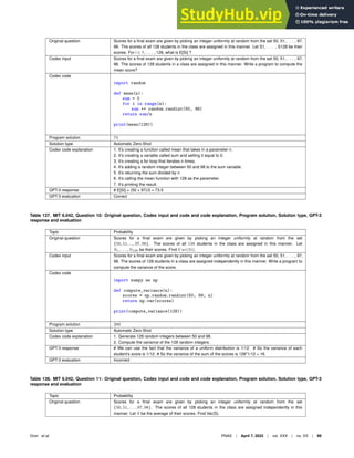 Original question Scores for a ﬁnal exam are given by picking an integer uniformly at random from the set 50, 51, . . . , 97,
98. The scores of all 128 students in the class are assigned in this manner. Let S1, . . . , S128 be their
scores. For i ∈ 1, . . . , 128, what is E[Si] ?
Codex input Scores for a ﬁnal exam are given by picking an integer uniformly at random from the set 50, 51, . . . , 97,
98. The scores of 128 students in a class are assigned in this manner. Write a program to compute the
mean score?
Codex code
import random
def mean(n):
sum = 0
for i in range(n):
sum += random.randint(50, 98)
return sum/n
print(mean(128))
Program solution 74
Solution type Automatic Zero-Shot
Codex code explanation 1. It’s creating a function called mean that takes in a parameter n.
2. It’s creating a variable called sum and setting it equal to 0.
3. It’s creating a for loop that iterates n times.
4. It’s adding a random integer between 50 and 98 to the sum variable.
5. It’s returning the sum divided by n.
6. It’s calling the mean function with 128 as the parameter.
7. It’s printing the result.
GPT-3 response # E[Si] = (50 + 97)/2 = 73.5
GPT-3 evaluation Correct
Table 137. MIT 6.042, Question 10: Original question, Codex input and code and code explanation, Program solution, Solution type, GPT-3
response and evaluation
Topic Probability
Original question Scores for a ﬁnal exam are given by picking an integer uniformly at random from the set
{50, 51, ..., 97, 98}. The scores of all 128 students in the class are assigned in this manner. Let
S1, . . . , S128 be their scores. Find V ar(Si).
Codex input Scores for a ﬁnal exam are given by picking an integer uniformly at random from the set 50, 51, . . . , 97,
98. The scores of 128 students in a class are assigned independently in this manner. Write a program to
compute the variance of the score.
Codex code
import numpy as np
def compute_variance(n):
scores = np.random.randint(50, 99, n)
return np.var(scores)
print(compute_variance(128))
Program solution 200
Solution type Automatic Zero-Shot
Codex code explanation 1. Generate 128 random integers between 50 and 98.
2. Compute the variance of the 128 random integers.
GPT-3 response # We can use the fact that the variance of a uniform distribution is 1/12. # So the variance of each
student’s score is 1/12. # So the variance of the sum of the scores is 128*1/12 = 16.
GPT-3 evaluation Incorrect
Table 138. MIT 6.042, Question 11: Original question, Codex input and code and code explanation, Program solution, Solution type, GPT-3
response and evaluation
Topic Probability
Original question Scores for a ﬁnal exam are given by picking an integer uniformly at random from the set
{50, 51, . . . , 97, 98}. The scores of all 128 students in the class are assigned independently in this
manner. Let S be the average of their scores. Find Var(S).
Drori et al. PNAS | April 7, 2022 | vol. XXX | no. XX | 99
 