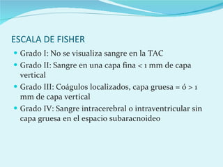 ESCALA DE FISHER Grado I: No se visualiza sangre en la TAC Grado II: Sangre en una capa fina < 1 mm de capa vertical Grado III: Coágulos localizados, capa gruesa = ó > 1 mm de capa vertical Grado IV: Sangre intracerebral o intraventricular sin capa gruesa en el espacio subaracnoideo 