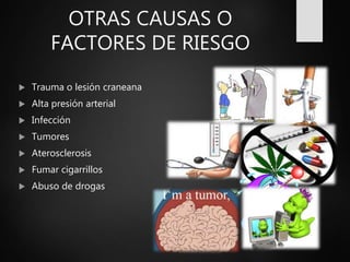 OTRAS CAUSAS O
FACTORES DE RIESGO
 Trauma o lesión craneana
 Alta presión arterial
 Infección
 Tumores
 Aterosclerosis
 Fumar cigarrillos
 Abuso de drogas
 