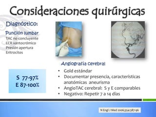 Diagnóstico:
Punción lumbar
TAC no concluyente
LCR xantocrómico
Presión apertura
Eritrocitos

                      Angiografía cerebral
                     • Gold estándar
     S 77-97%        • Documentar presencia, características
                       anatómicas aneurisma
     E 87-100%       • AngioTAC cerebral: S y E comparables
                     • Negativo: Repetir 7 a 14 días


                                         N Engl J Med 2006;354:387-96
 