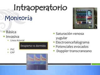 Monitoría
                                       – Neurológica
 Básica                              Saturación venosa
 Invasiva                             yugular
   Línea Arterial
                                      Electroencefalograma
              Despierto vs dormido    Potenciales evocados
   PVC
   CAP                               Doppler transcraneano
 