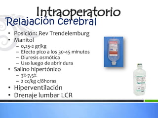 Relajación cerebral
• Posición: Rev Trendelemburg
• Manitol
  –   0,25-2 gr/kg
  –   Efecto pico a los 30-45 minutos
  –   Diuresis osmótica
  –   Uso luego de abrir dura
• Salino hipertónico
  – 3%-7,5%
  – 2 cc/kg c/8horas
• Hiperventilación
• Drenaje lumbar LCR
 
