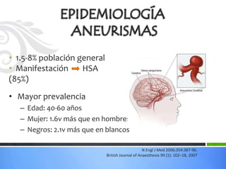 • 1.5-8% población general
• Manifestación     HSA
(85%)

• Mayor prevalencia
   – Edad: 40-60 años
   – Mujer: 1.6v más que en hombres
   – Negros: 2.1v más que en blancos

                                                  N Engl J Med 2006;354:387-96.
                             British Journal of Anaesthesia 99 (1): 102–18, 2007
 