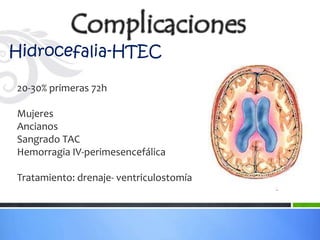 Hidrocefalia-HTEC

20-30% primeras 72h

Mujeres
Ancianos
Sangrado TAC
Hemorragia IV-perimesencefálica

Tratamiento: drenaje- ventriculostomía
 