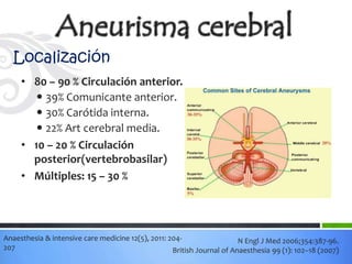Localización
     • 80 – 90 % Circulación anterior.
        39% Comunicante anterior.
        30% Carótida interna.
        22% Art cerebral media.
     • 10 – 20 % Circulación
       posterior(vertebrobasilar)
     • Múltiples: 15 – 30 %




Anaesthesia & intensive care medicine 12(5), 2011: 204-                  N Engl J Med 2006;354:387-96.
207                                                 British Journal of Anaesthesia 99 (1): 102–18 (2007)
 