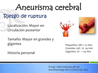 Riesgo de ruptura
 Localización: Mayor en
 circulación posterior

 Tamaño: Mayor en grandes y
 gigantes                                 Pequeños: 78% < 12 mm
                                          Grandes: 20% 12- 24 mm
                                          Gigantes: 2% > 24 mm
 Historia personal


                          N Engl J Med 2006;354:387-96
                          Anesthesiology Clin 25 (2007) 441–463
 