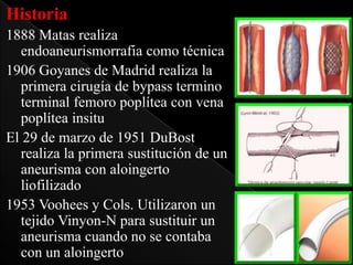 Historia
1888 Matas realiza
endoaneurismorrafia como técnica
1906 Goyanes de Madrid realiza la
primera cirugía de bypass termino
terminal femoro poplítea con vena
poplítea insitu
El 29 de marzo de 1951 DuBost
realiza la primera sustitución de un
aneurisma con aloingerto
liofilizado
1953 Voohees y Cols. Utilizaron un
tejido Vinyon-N para sustituir un
aneurisma cuando no se contaba
con un aloingerto

 