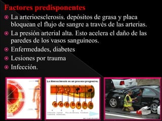 Factores predisponentes
La arterioesclerosis. depósitos de grasa y placa
bloquean el flujo de sangre a través de las arterias.
 La presión arterial alta. Esto acelera el daño de las
paredes de los vasos sanguíneos.
 Enfermedades, diabetes
 Lesiones por trauma
 Infección.


 