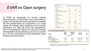 EVAR vs Open surgery
21
La EVAR ha demostrado en muchos estudias
observacionales y randomizados cierta superioridad en
cua...
