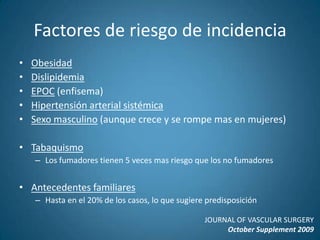 Factores de riesgo de incidenciaObesidadDislipidemiaEPOC (enfisema)Hipertensión arterial sistémicaSexo masculino (aunque crece y se rompe mas en mujeres)TabaquismoLos fumadores tienen 5 veces mas riesgo que los no fumadoresAntecedentes familiaresHasta en el 20% de los casos, lo que sugiere predisposiciónJOURNAL OF VASCULAR SURGERYOctober Supplement 2009