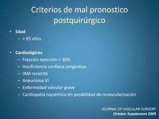 Riesgo operatorioLa mortalidad  perioperatoria (a 30 días) esta entre el 1 - 5% para aneurismas intactos y asintomáticos, elevándose hasta 18% en caso de cirugía de aneurisma sintomático integro y 50% de mortalidad  en el aneurisma de aorta abdominal rotoDisminución de supervivencia a cinco años de hasta el 30% en pacientes con cardiopatía isquémicaEn la mortalidad tardía incluimos complicaciones como sépsis, aneurisma anastomótico y otras que completan 2% del totalJOURNAL OF VASCULAR SURGERYOctober Supplement 2009