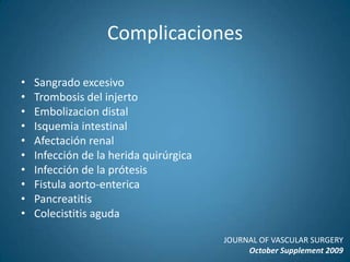 Criterios de mal pronostico postquirúrgicoEdad> 85 añosCardiológicosFracción eyección < 30%Insuficiencia cardiaca congestivaIAM recienteAneurisma VIEnfermedad valvular graveCardiopatía Isquémica sin posibilidad de revascularizaciónJOURNAL OF VASCULAR SURGERYOctober Supplement 2009