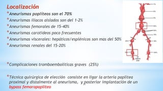 24
Localización
*Aneurismas poplíteos son el 70%
*Aneurismas iliacos aislados son del 1-2%
*Aneurismas femorales de 15-40%
*Aneurismas carotideos poco frecuentes
*Aneurismas viscerales: hepáticos/esplénicos son mas del 50%
*Aneurismas renales del 15-20%
*Complicaciones tromboemboliticas graves (25%)
*Técnica quirúrgica de elección consiste en ligar la arteria poplítea
proximal y distalmente al aneurisma, y posteríor implantación de un
bypass femoropopliteo
 