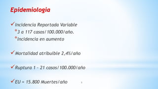 5
Epidemiologia
Incidencia Reportada Variable
*3 a 117 casos/100.000/año.
*Incidencia en aumento
Mortalidad atribuible 2,4%/año
Ruptura 1 – 21 casos/100.000/año
EU = 15.800 Muertes/año
 