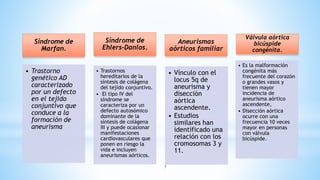7
Síndrome de
Marfan.
• Trastorno
genético AD
caracterizado
por un defecto
en el tejido
conjuntivo que
conduce a la
formación de
aneurisma
Síndrome de
Ehlers-Danlos.
• Trastornos
hereditarios de la
síntesis de colágena
del tejido conjuntivo.
• El tipo IV del
síndrome se
caracteriza por un
defecto autosómico
dominante de la
síntesis de colágena
III y puede ocasionar
manifestaciones
cardiovasculares que
ponen en riesgo la
vida e incluyen
aneurismas aórticos.
Aneurismas
aórticos familiar
• Vínculo con el
locus 5q de
aneurisma y
disección
aórtica
ascendente.
• Estudios
similares han
identificado una
relación con los
cromosomas 3 y
11.
Válvula aórtica
bicúspide
congénita.
• Es la malformación
congénita más
frecuente del corazón
o grandes vasos y
tienen mayor
incidencia de
aneurisma aórtico
ascendente,
• Disección aórtica
ocurre con una
frecuencia 10 veces
mayor en personas
con válvula
bicúspide.
 