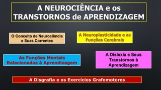 A NEUROCIÊNCIA e os
TRANSTORNOS de APRENDIZAGEM
O Conceito de Neurociência
e Suas Correntes
A Neuroplasticidade e as
Funções Cerebrais
As Funções Mentais
Relacionadas à Aprendizagem
A Dislexia e Seus
Transtornos à
Aprendizagem
A Disgrafia e os Exercícios Grafomotores
 