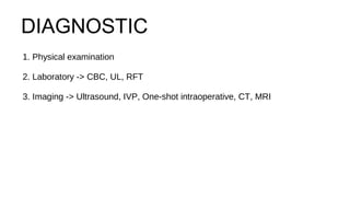 DIAGNOSTIC
1. Physical examination
2. Laboratory -> CBC, UL, RFT
3. Imaging -> Ultrasound, IVP, One-shot intraoperative, CT, MRI
 