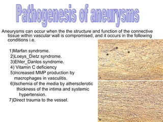 Aneurysms can occur when the the structure and function of the connective
  tissue within vascular wall is compromised, and it occurs in the following
  conditions i.e.

   1)Marfan syndrome.
   2)Loeys_Dietz syndrome.
   3)Ehler_Danlos syndrome.
   4) Vitamin C deficiency
   5)Increased MMP production by
     macrophages in vasculitis.
   6)Ischemia of the media by athersclerotic
      thickness of the intima and systemic
        hypertension.
   7)Direct trauma to the vessel.
 