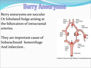 Berry aneurysms are saccular
Or lobulated bulge arising at
the bifurcation of intracranial
arteries.
They are important cause of
Subarachnoid hemorrhage
And infarction .
 