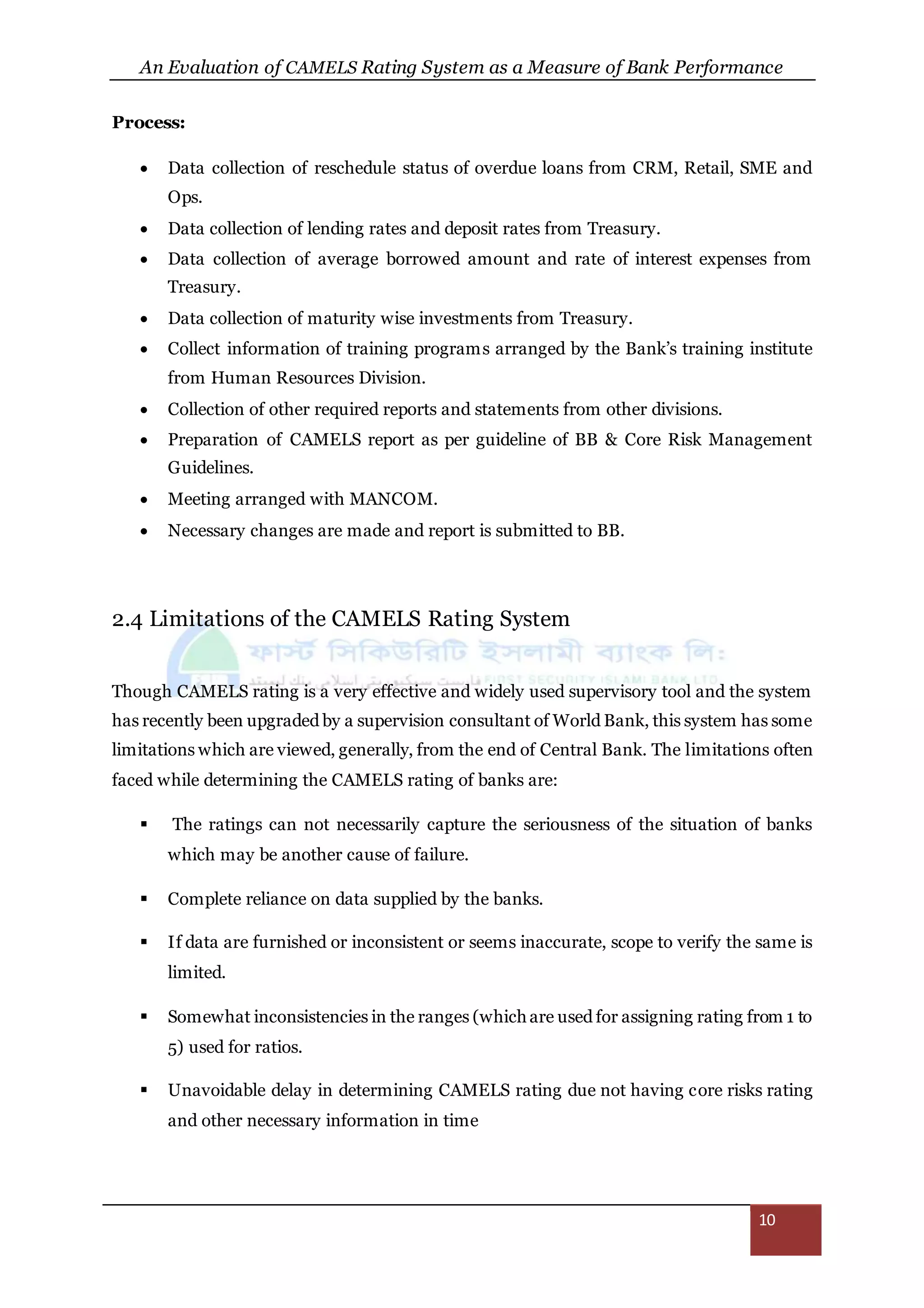 An Evaluation of CAMELS Rating System as a Measure of Bank Performance
10
Process:
 Data collection of reschedule status of overdue loans from CRM, Retail, SME and
Ops.
 Data collection of lending rates and deposit rates from Treasury.
 Data collection of average borrowed amount and rate of interest expenses from
Treasury.
 Data collection of maturity wise investments from Treasury.
 Collect information of training programs arranged by the Bank’s training institute
from Human Resources Division.
 Collection of other required reports and statements from other divisions.
 Preparation of CAMELS report as per guideline of BB & Core Risk Management
Guidelines.
 Meeting arranged with MANCOM.
 Necessary changes are made and report is submitted to BB.
2.4 Limitations of the CAMELS Rating System
Though CAMELS rating is a very effective and widely used supervisory tool and the system
has recently been upgraded by a supervision consultant of World Bank, this system has some
limitations which are viewed, generally, from the end of Central Bank. The limitations often
faced while determining the CAMELS rating of banks are:
 The ratings can not necessarily capture the seriousness of the situation of banks
which may be another cause of failure.
 Complete reliance on data supplied by the banks.
 If data are furnished or inconsistent or seems inaccurate, scope to verify the same is
limited.
 Somewhat inconsistencies in the ranges (which are used for assigning rating from 1 to
5) used for ratios.
 Unavoidable delay in determining CAMELS rating due not having core risks rating
and other necessary information in time
 