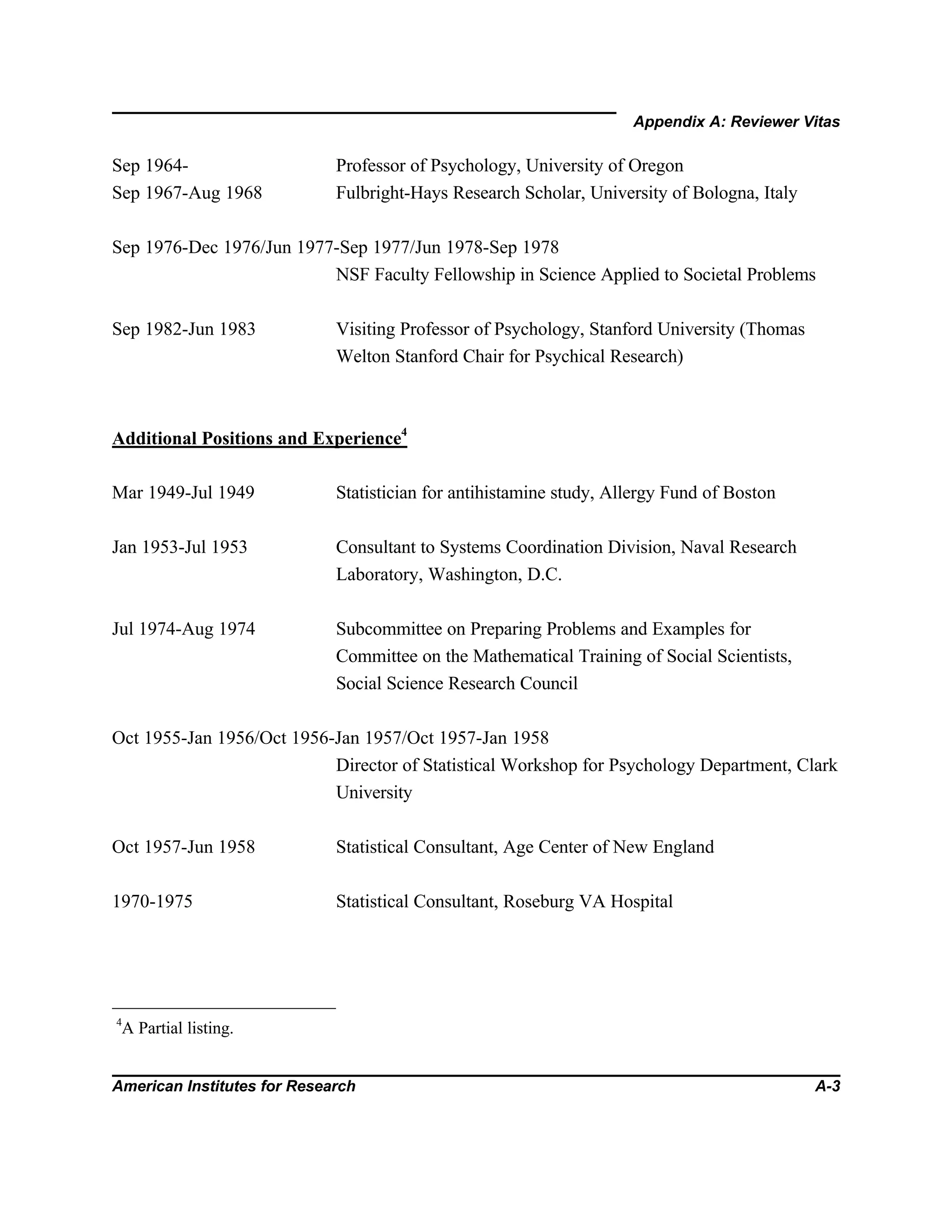 Appendix A: Reviewer Vitas
American Institutes for Research A-3
Sep 1964- Professor of Psychology, University of Oregon
Sep 1967-Aug 1968 Fulbright-Hays Research Scholar, University of Bologna, Italy
Sep 1976-Dec 1976/Jun 1977-Sep 1977/Jun 1978-Sep 1978
NSF Faculty Fellowship in Science Applied to Societal Problems
Sep 1982-Jun 1983 Visiting Professor of Psychology, Stanford University (Thomas
Welton Stanford Chair for Psychical Research)
Additional Positions and Experience4
Mar 1949-Jul 1949 Statistician for antihistamine study, Allergy Fund of Boston
Jan 1953-Jul 1953 Consultant to Systems Coordination Division, Naval Research
Laboratory, Washington, D.C.
Jul 1974-Aug 1974 Subcommittee on Preparing Problems and Examples for
Committee on the Mathematical Training of Social Scientists,
Social Science Research Council
Oct 1955-Jan 1956/Oct 1956-Jan 1957/Oct 1957-Jan 1958
Director of Statistical Workshop for Psychology Department, Clark
University
Oct 1957-Jun 1958 Statistical Consultant, Age Center of New England
1970-1975 Statistical Consultant, Roseburg VA Hospital
4
A Partial listing.
 