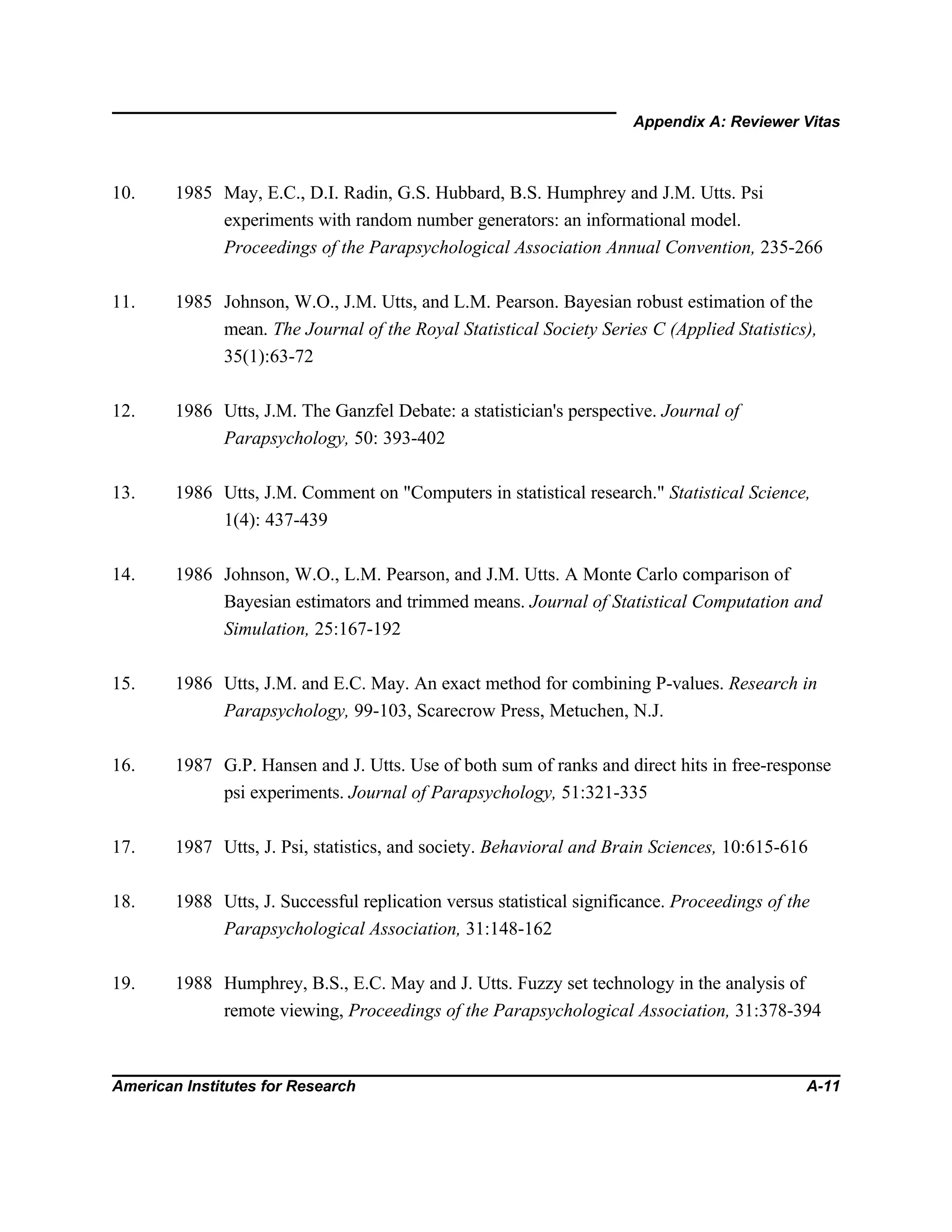 Appendix A: Reviewer Vitas
American Institutes for Research A-11
10. 1985 May, E.C., D.I. Radin, G.S. Hubbard, B.S. Humphrey and J.M. Utts. Psi
experiments with random number generators: an informational model.
Proceedings of the Parapsychological Association Annual Convention, 235-266
11. 1985 Johnson, W.O., J.M. Utts, and L.M. Pearson. Bayesian robust estimation of the
mean. The Journal of the Royal Statistical Society Series C (Applied Statistics),
35(1):63-72
12. 1986 Utts, J.M. The Ganzfel Debate: a statistician's perspective. Journal of
Parapsychology, 50: 393-402
13. 1986 Utts, J.M. Comment on "Computers in statistical research." Statistical Science,
1(4): 437-439
14. 1986 Johnson, W.O., L.M. Pearson, and J.M. Utts. A Monte Carlo comparison of
Bayesian estimators and trimmed means. Journal of Statistical Computation and
Simulation, 25:167-192
15. 1986 Utts, J.M. and E.C. May. An exact method for combining P-values. Research in
Parapsychology, 99-103, Scarecrow Press, Metuchen, N.J.
16. 1987 G.P. Hansen and J. Utts. Use of both sum of ranks and direct hits in free-response
psi experiments. Journal of Parapsychology, 51:321-335
17. 1987 Utts, J. Psi, statistics, and society. Behavioral and Brain Sciences, 10:615-616
18. 1988 Utts, J. Successful replication versus statistical significance. Proceedings of the
Parapsychological Association, 31:148-162
19. 1988 Humphrey, B.S., E.C. May and J. Utts. Fuzzy set technology in the analysis of
remote viewing, Proceedings of the Parapsychological Association, 31:378-394
 