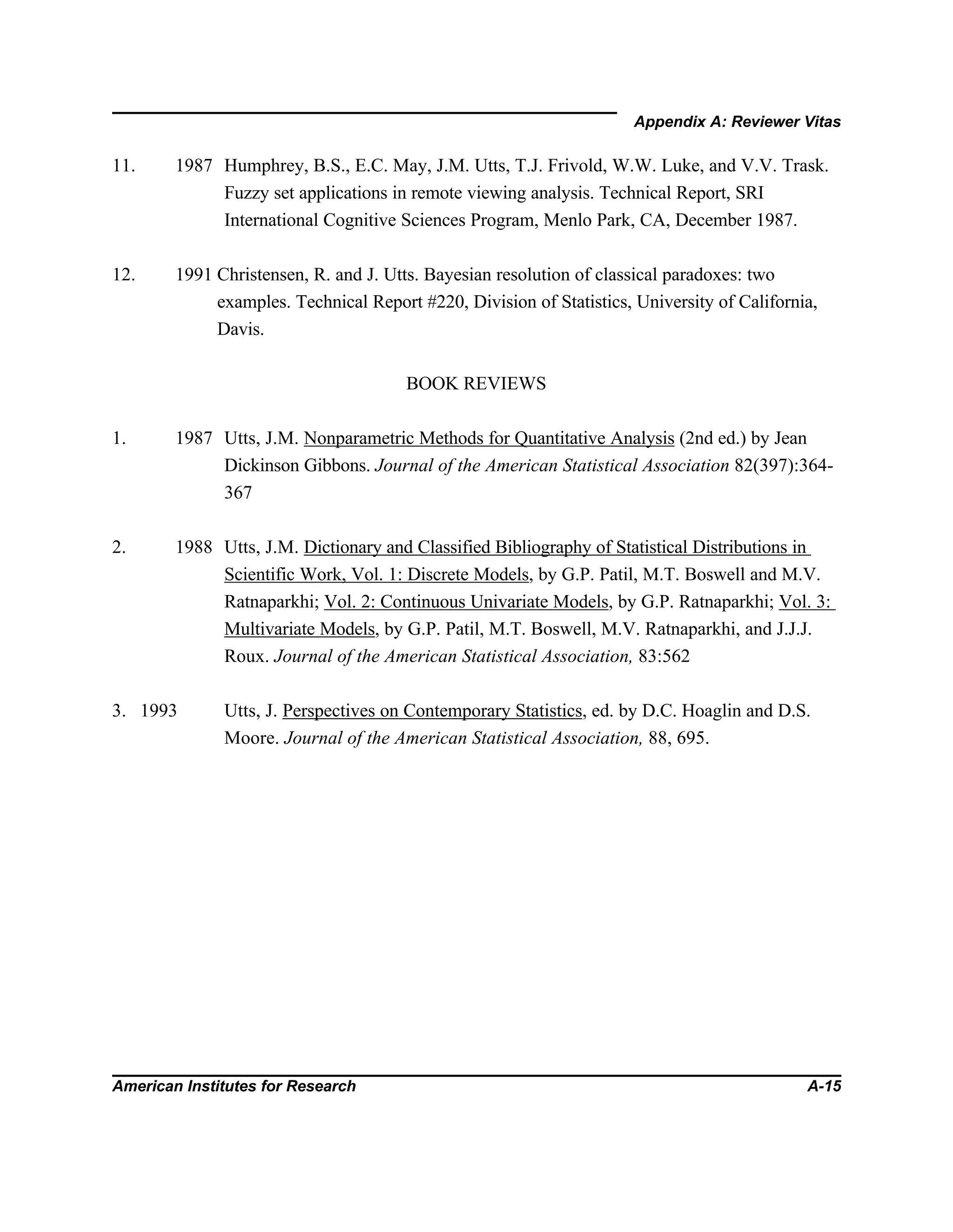 Appendix A: Reviewer Vitas
American Institutes for Research A-15
11. 1987 Humphrey, B.S., E.C. May, J.M. Utts, T.J. Frivold, W.W. Luke, and V.V. Trask.
Fuzzy set applications in remote viewing analysis. Technical Report, SRI
International Cognitive Sciences Program, Menlo Park, CA, December 1987.
12. 1991 Christensen, R. and J. Utts. Bayesian resolution of classical paradoxes: two
examples. Technical Report #220, Division of Statistics, University of California,
Davis.
BOOK REVIEWS
1. 1987 Utts, J.M. Nonparametric Methods for Quantitative Analysis (2nd ed.) by Jean
Dickinson Gibbons. Journal of the American Statistical Association 82(397):364-
367
2. 1988 Utts, J.M. Dictionary and Classified Bibliography of Statistical Distributions in
Scientific Work, Vol. 1: Discrete Models, by G.P. Patil, M.T. Boswell and M.V.
Ratnaparkhi; Vol. 2: Continuous Univariate Models, by G.P. Ratnaparkhi; Vol. 3:
Multivariate Models, by G.P. Patil, M.T. Boswell, M.V. Ratnaparkhi, and J.J.J.
Roux. Journal of the American Statistical Association, 83:562
3. 1993 Utts, J. Perspectives on Contemporary Statistics, ed. by D.C. Hoaglin and D.S.
Moore. Journal of the American Statistical Association, 88, 695.
 