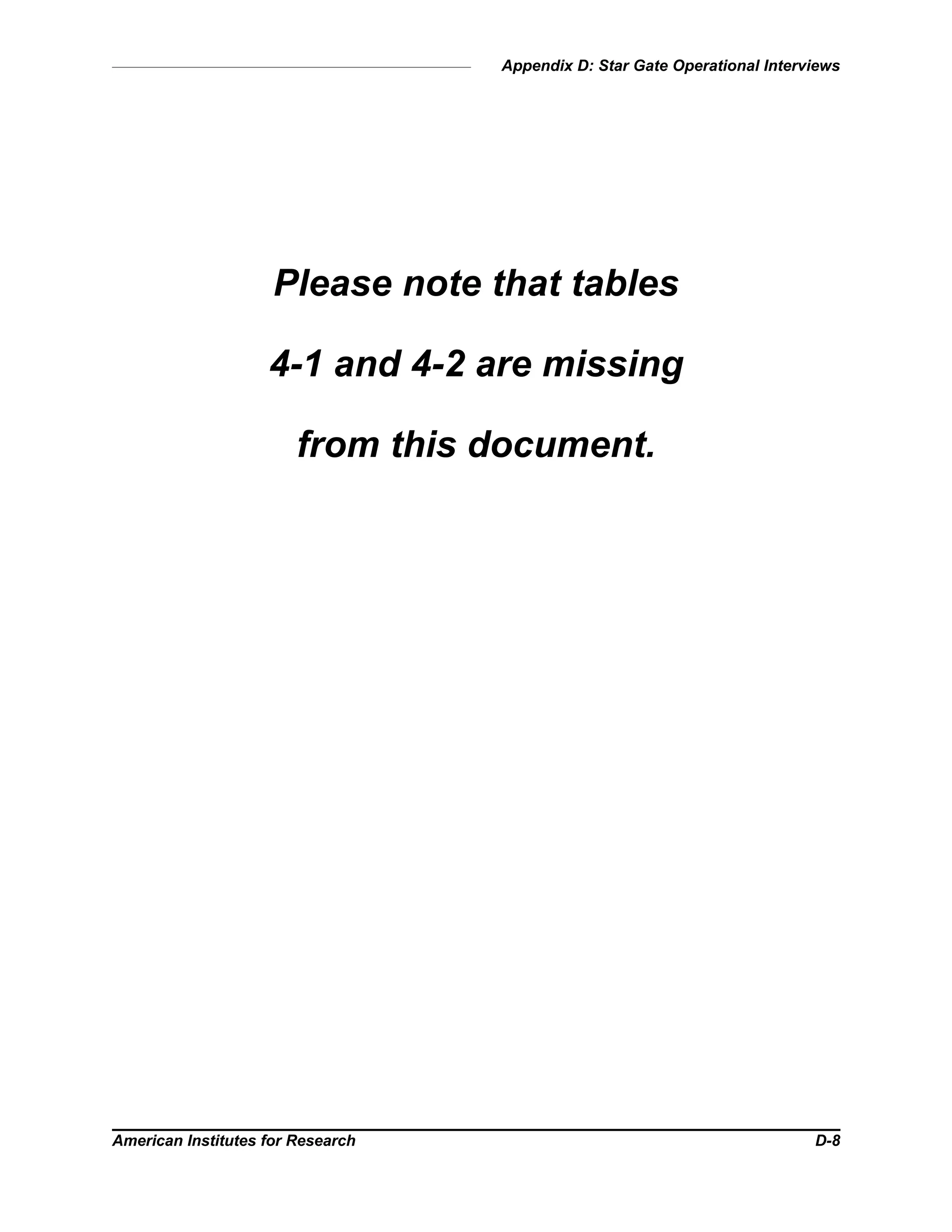 Appendix D: Star Gate Operational Interviews
American Institutes for Research D-8
Please note that tables
4-1 and 4-2 are missing
from this document.
 