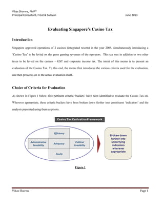 Vikas Sharma, PMP®
Principal Consultant, Frost & Sullivan June 2013
Vikas Sharma Page 1
Broken down
further into
underlying
indicators
wherever
appropriate
Political
Feasibility
Administrative
Feasibility
Efficiency
Equity
Adequacy
Casino Tax Evaluation Framework
Evaluating Singapore’s Casino Tax
Introduction
Singapore approved operations of 2 casinos (integrated resorts) in the year 2005, simultaneously introducing a
‘Casino Tax’ to be levied on the gross gaming revenues of the operators. This tax was in addition to two other
taxes to be levied on the casinos – GST and corporate income tax. The intent of this memo is to present an
evaluation of the Casino Tax. To this end, the memo first introduces the various criteria used for the evaluation,
and then proceeds on to the actual evaluation itself.
Choice of Criteria for Evaluation
As shown in Figure 1 below, five pertinent criteria ‘buckets’ have been identified to evaluate the Casino Tax on.
Wherever appropriate, these criteria buckets have been broken down further into constituent ‘indicators’ and the
analysis presented using them as pivots.
Figure 1
 