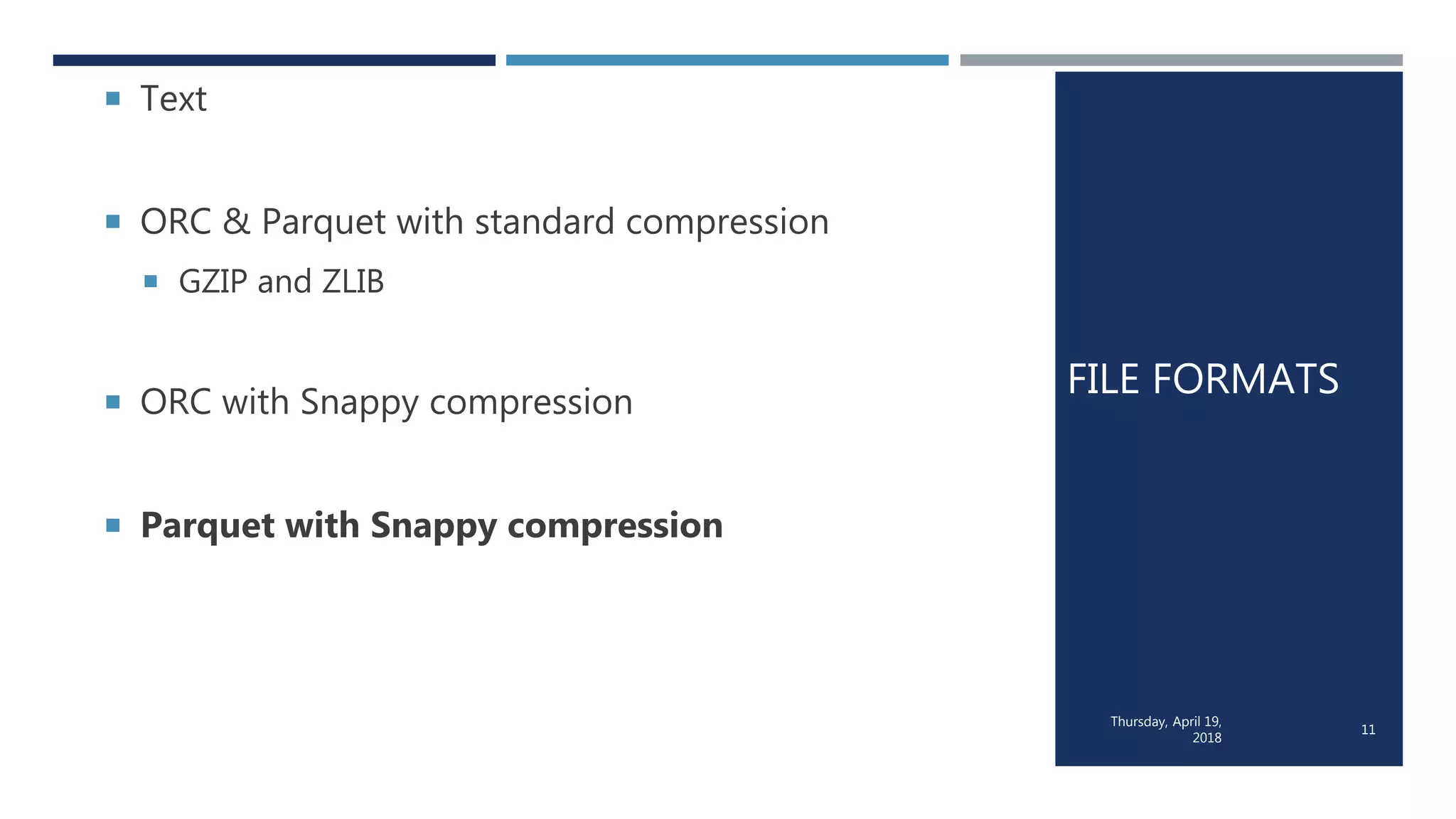 FILE FORMATS
 Text
 ORC & Parquet with standard compression
 GZIP and ZLIB
 ORC with Snappy compression
 Parquet with Snappy compression
Thursday, April 19,
2018
11
 