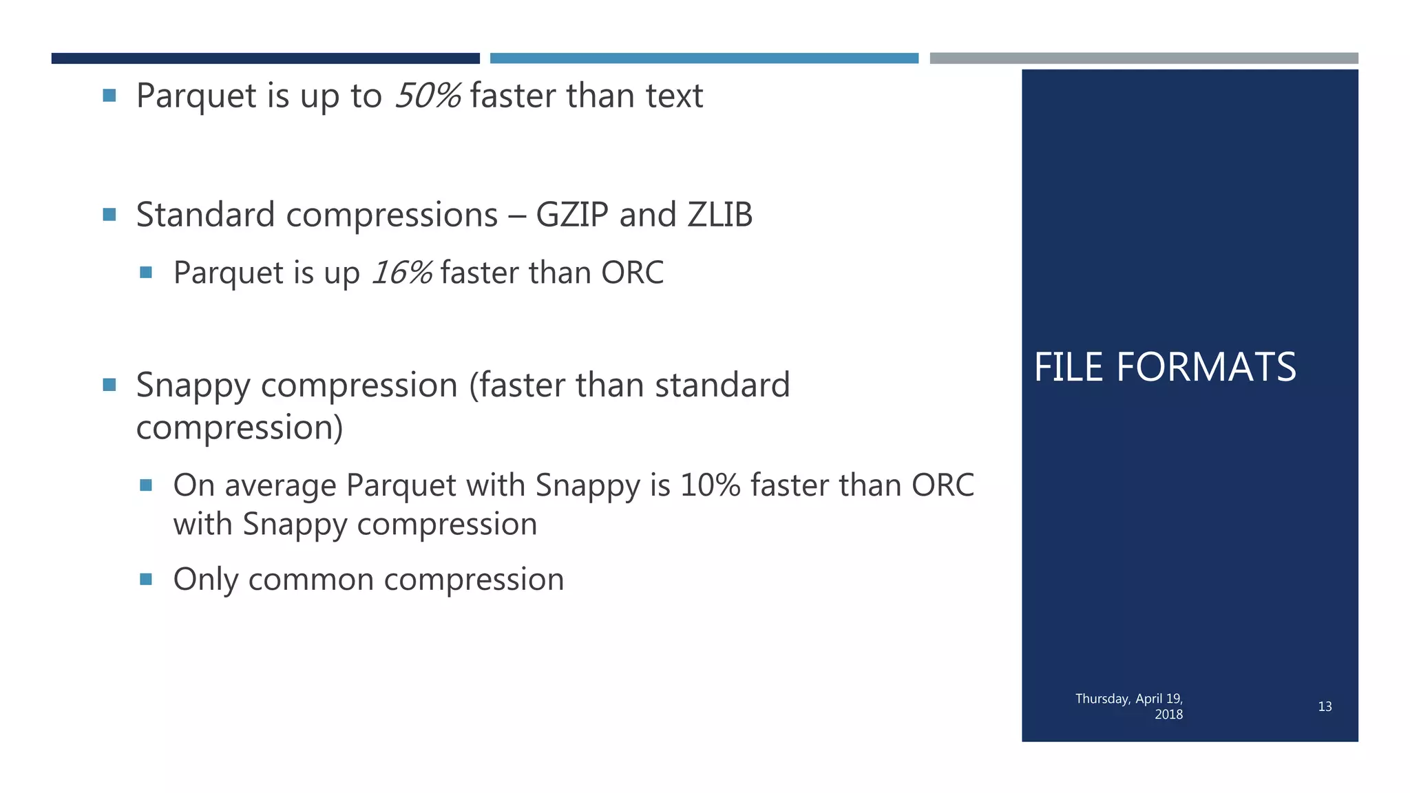 FILE FORMATS
 Parquet is up to 50% faster than text
 Standard compressions – GZIP and ZLIB
 Parquet is up 16% faster than ORC
 Snappy compression (faster than standard
compression)
 On average Parquet with Snappy is 10% faster than ORC
with Snappy compression
 Only common compression
Thursday, April 19,
2018
13
 