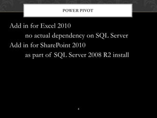 Add in for Excel 2010no actual dependency on SQL ServerAdd in for SharePoint 2010as part of SQL Server 2008 R2 installpoWERpIVOT4