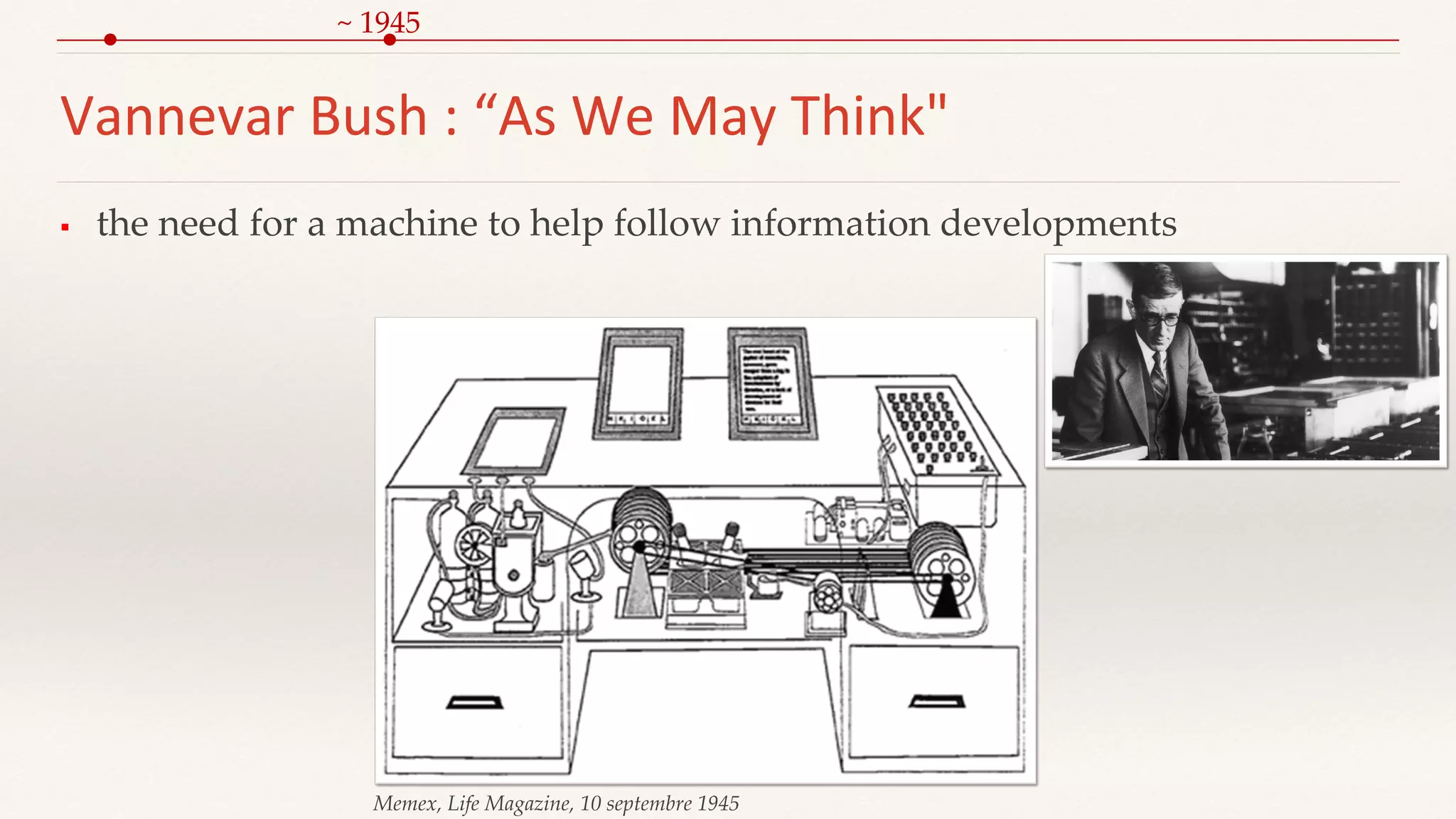 Vannevar Bush : “As We May Think"
 the need for a machine to help follow information developments
~ 1945
Memex, Life Magazine, 10 septembre 1945
 