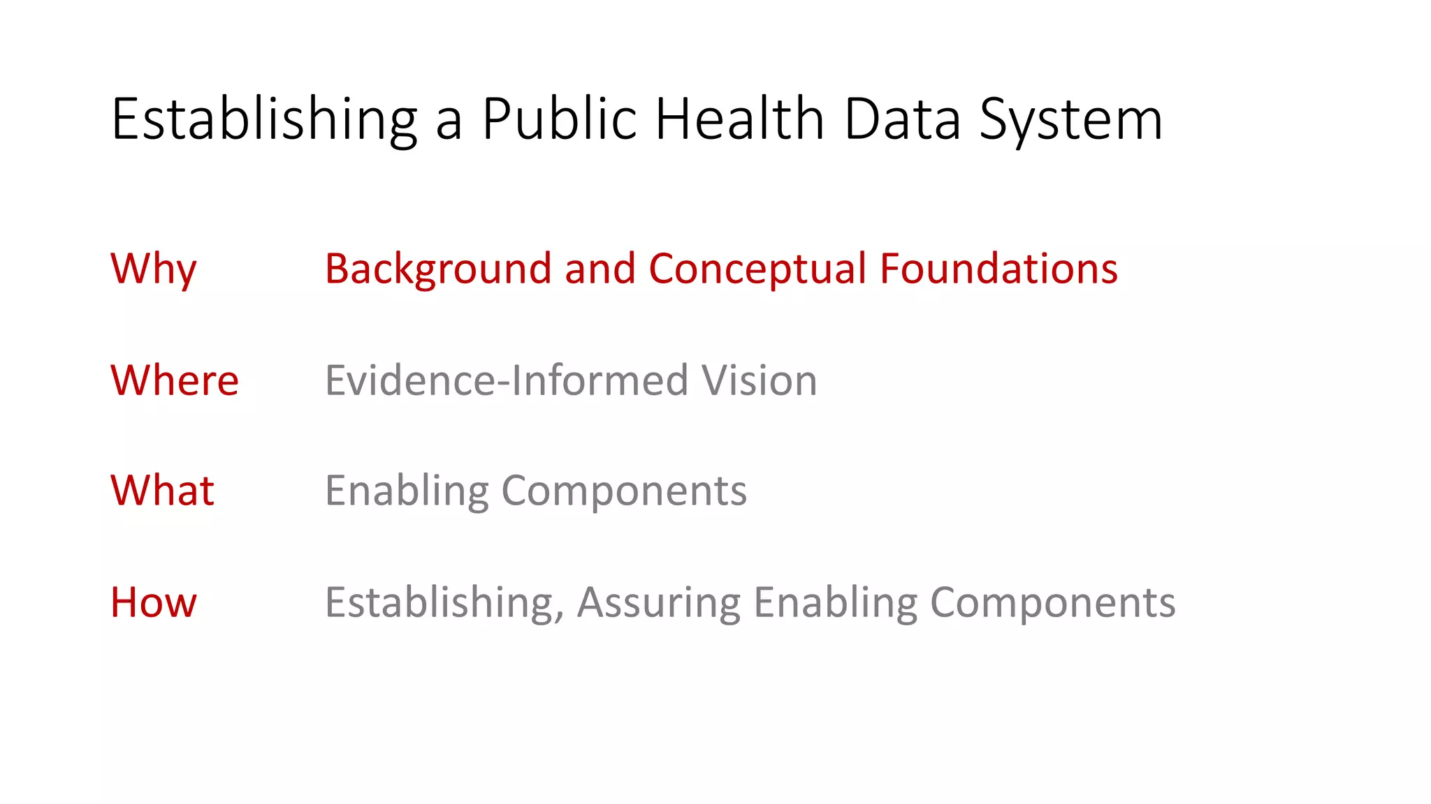 Establishing a Public Health Data System
Why Background and Conceptual Foundations
Where Evidence-Informed Vision
What Enabling Components
How Establishing, Assuring Enabling Components
 