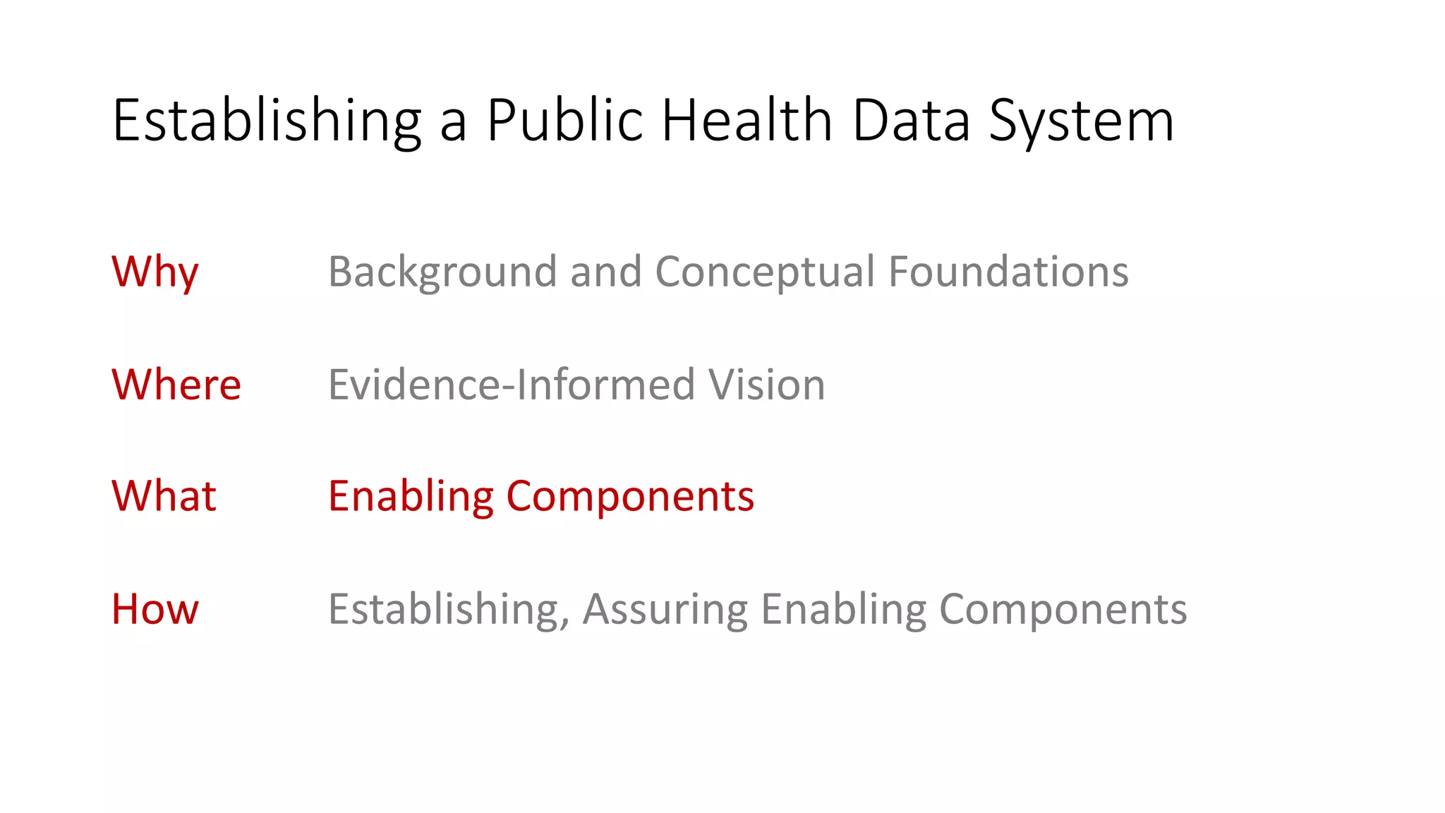 Establishing a Public Health Data System
Why Background and Conceptual Foundations
Where Evidence-Informed Vision
What Enabling Components
How Establishing, Assuring Enabling Components
 