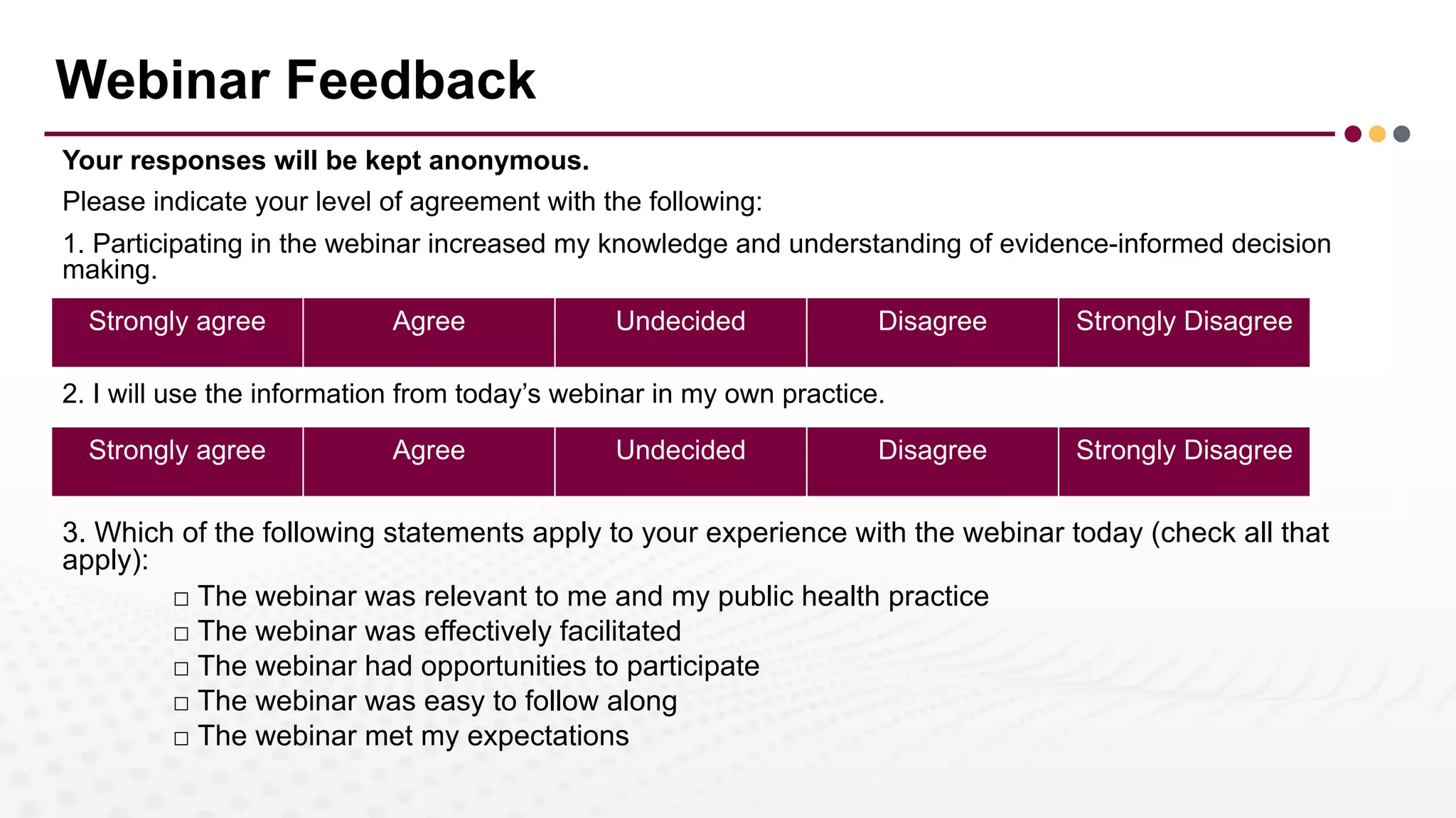 Webinar Feedback
Your responses will be kept anonymous.
Please indicate your level of agreement with the following:
1. Participating in the webinar increased my knowledge and understanding of evidence-informed decision
making.
2. I will use the information from today’s webinar in my own practice.
3. Which of the following statements apply to your experience with the webinar today (check all that
apply):
□ The webinar was relevant to me and my public health practice
□ The webinar was effectively facilitated
□ The webinar had opportunities to participate
□ The webinar was easy to follow along
□ The webinar met my expectations
Strongly agree Agree Undecided Disagree Strongly Disagree
Strongly agree Agree Undecided Disagree Strongly Disagree
 