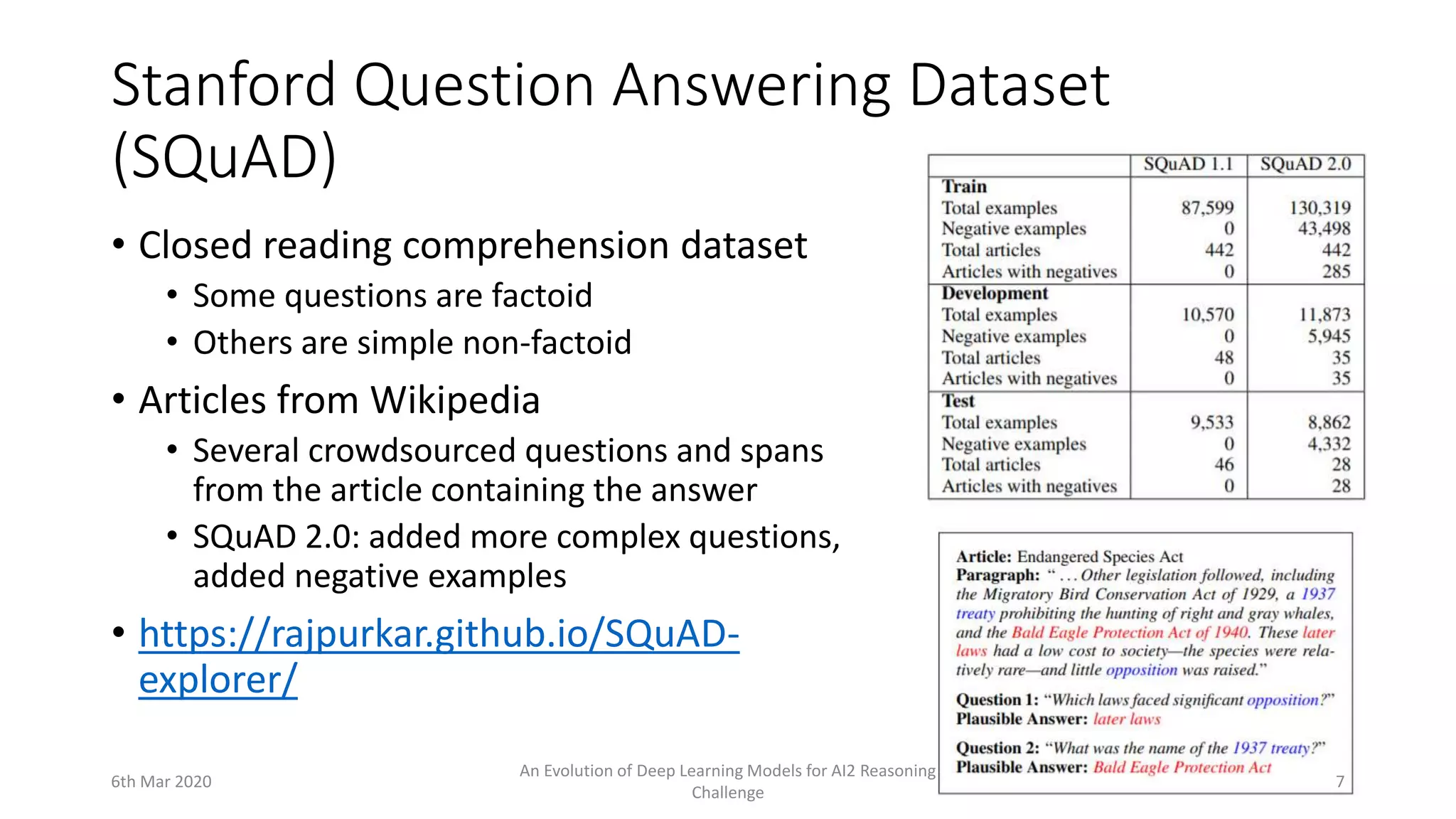 Stanford Question Answering Dataset
(SQuAD)
• Closed reading comprehension dataset
• Some questions are factoid
• Others are simple non-factoid
• Articles from Wikipedia
• Several crowdsourced questions and spans
from the article containing the answer
• SQuAD 2.0: added more complex questions,
added negative examples
• https://rajpurkar.github.io/SQuAD-
explorer/
6th Mar 2020
An Evolution of Deep Learning Models for AI2 Reasoning
Challenge
7
 