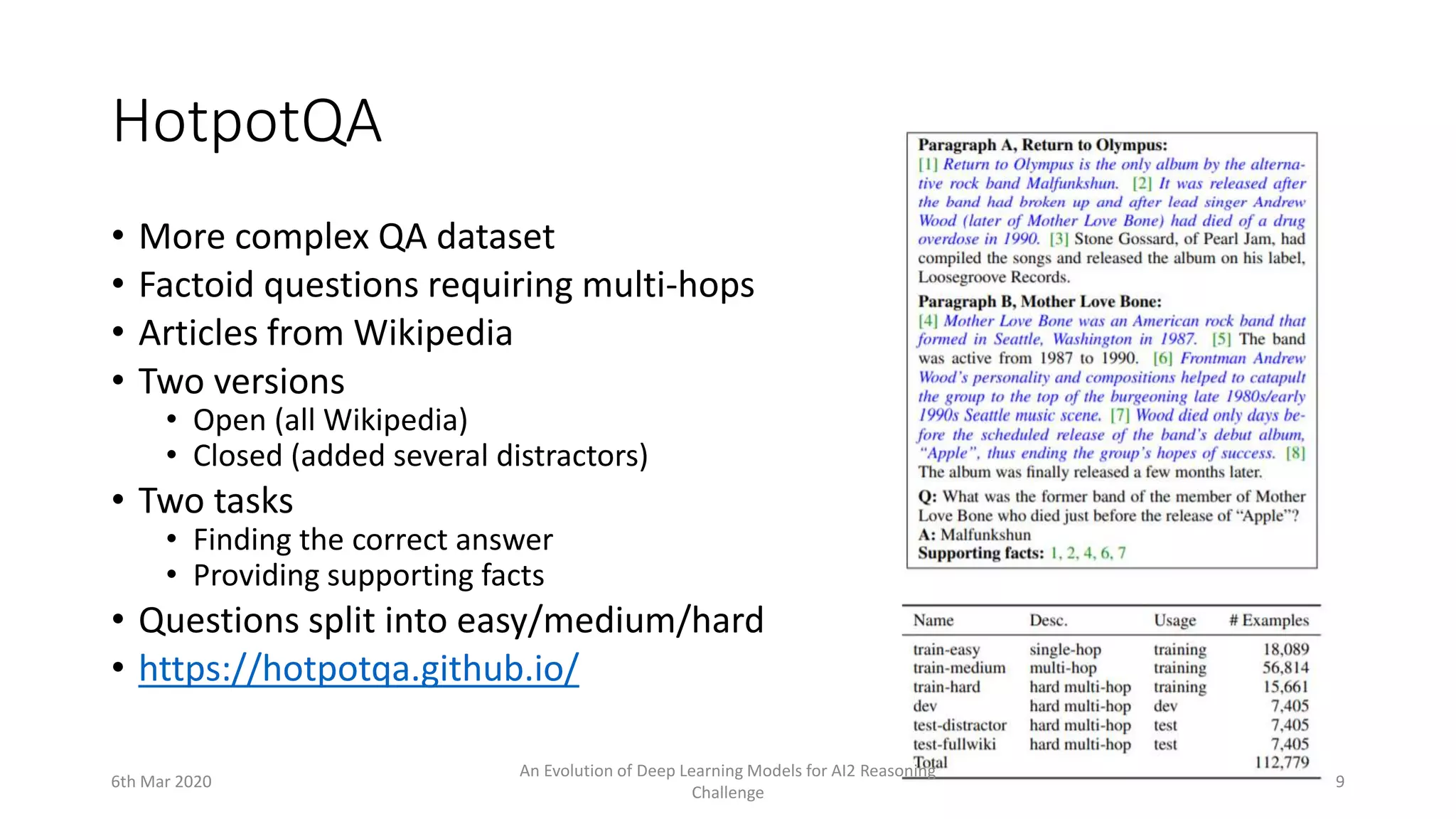 HotpotQA
• More complex QA dataset
• Factoid questions requiring multi-hops
• Articles from Wikipedia
• Two versions
• Open (all Wikipedia)
• Closed (added several distractors)
• Two tasks
• Finding the correct answer
• Providing supporting facts
• Questions split into easy/medium/hard
• https://hotpotqa.github.io/
6th Mar 2020
An Evolution of Deep Learning Models for AI2 Reasoning
Challenge
9
 
