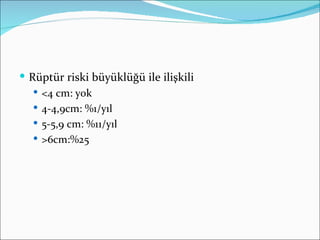  Rüptür riski büyüklüğü ile ilişkili
    <4 cm: yok
    4-4,9cm: %1/yıl
    5-5,9 cm: %11/yıl
    >6cm:%25
 