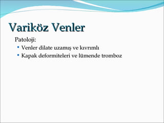 Variköz Venler
 Patoloji:
  Venler dilate uzamış ve kıvrımlı
  Kapak deformiteleri ve lümende tromboz
 