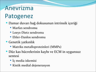 Anevrizma
Patogenez
 Damar duvarı bağ dokusunun intrinsik içeriği
    Marfan sendromu
    Loeys-Dietz sendromu
    Ehler-Danlos sendromu
 Genetik yatkınlık
   Matriks metalloproteinleri (MMPs)
 Düz kas hücrelerinin kaybı ve ECM in uygunsuz
 sentesi
   İç media iskemisi
   Kistik medial dejenerasyon
 
