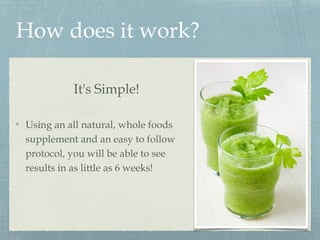 How does it work?
It's Simple!
Using an all natural, whole foods
supplement and an easy to follow
protocol, you will be able to see
results in as little as 6 weeks!